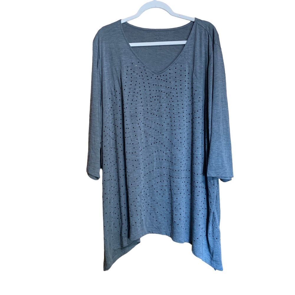Catherines Plus Size 3X 26 28W Gray Studded Scoop Neck Stretch Tunic Top Blouse